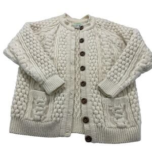VTG LL Bean Cream Fisherman Knit Wool Cardigan, Womens Size M, Made in Ireland